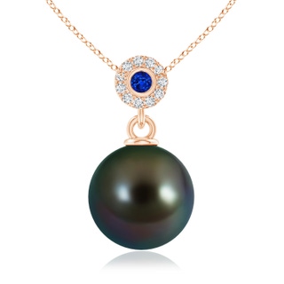 10mm AAAA Tahitian Pearl Halo Pendant with Bezel Sapphire in 10K Rose Gold