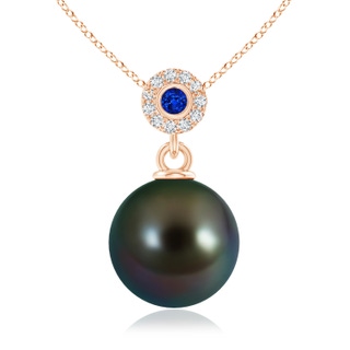 10mm AAAA Tahitian Pearl Halo Pendant with Bezel Sapphire in 9K Rose Gold