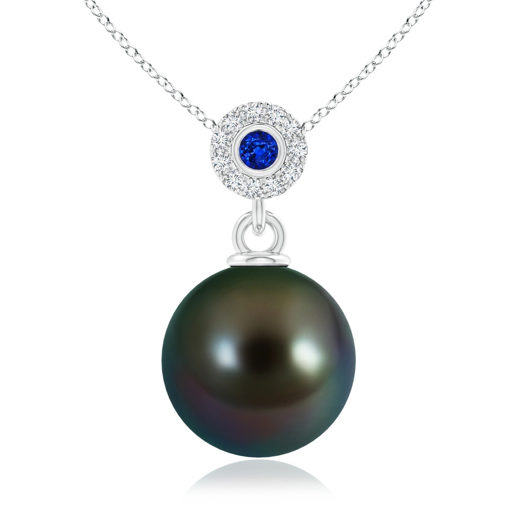 10mm AAAA Tahitian Pearl Halo Pendant with Bezel Sapphire in White Gold