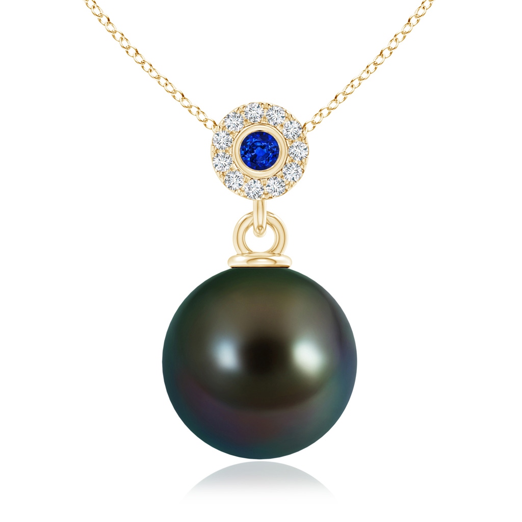 10mm AAAA Tahitian Pearl Halo Pendant with Bezel Sapphire in Yellow Gold
