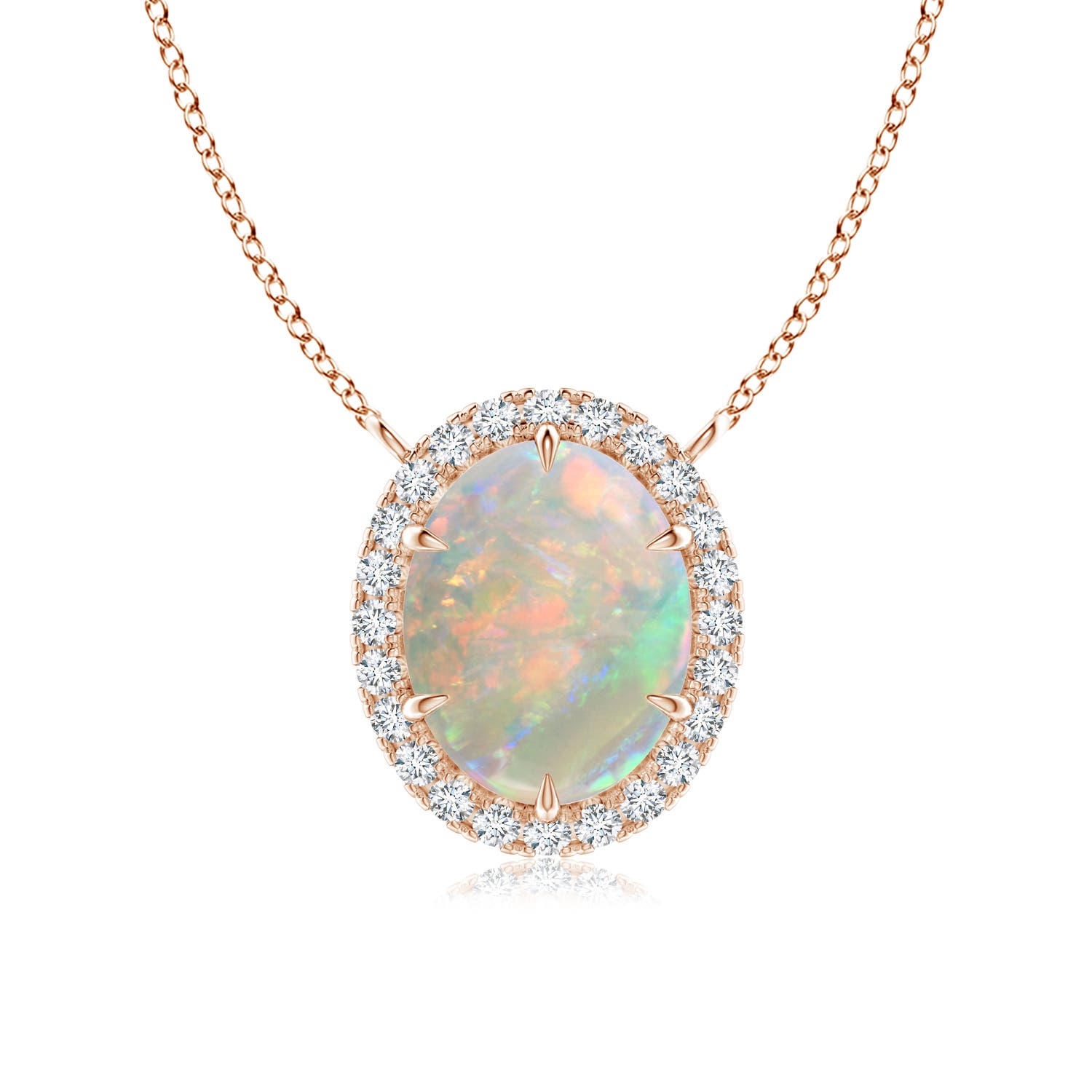 10x8mm AAAA Oval Opal Ellipse Halo Pendant in 18K Rose Gold