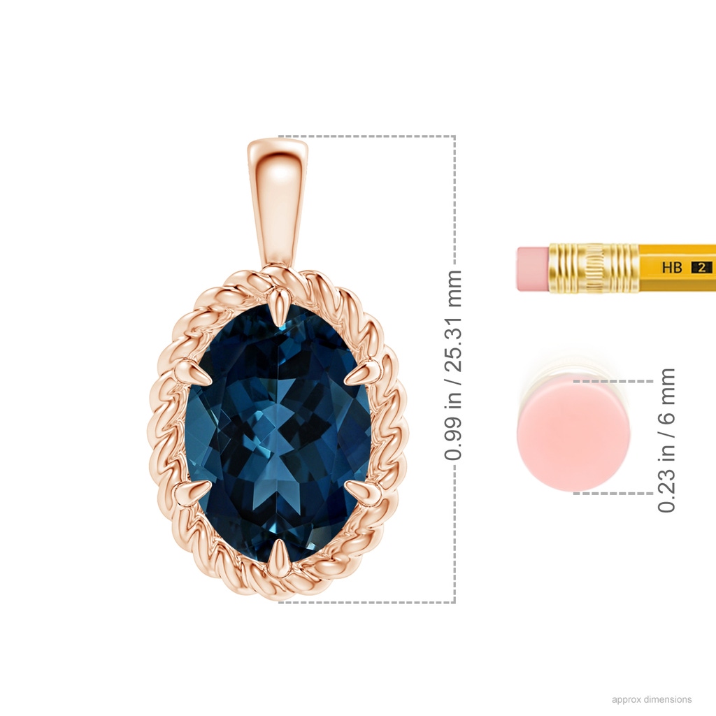 14.12x10.14x6.99mm AAAA GIA Certified Oval London Blue Topaz Twisted Rope Pendant in 18K Rose Gold ruler