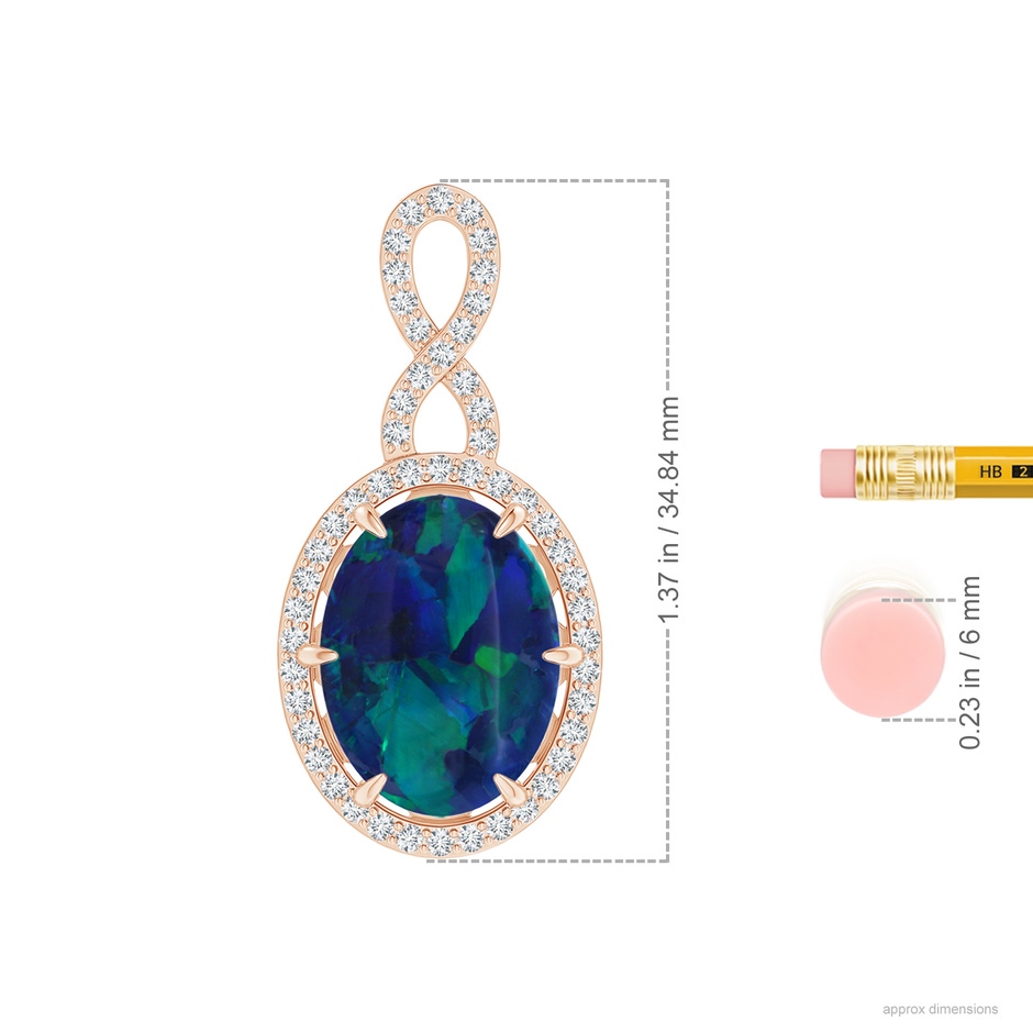 17.18x11.50x5.22mm AAA GIA Certified Oval Black Opal Halo Pendant with Infinity Bale in 18K Rose Gold ruler