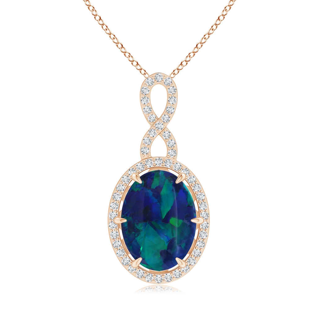 17.18x11.50x5.22mm AAA GIA Certified Oval Black Opal Halo Pendant with Infinity Bale in Rose Gold