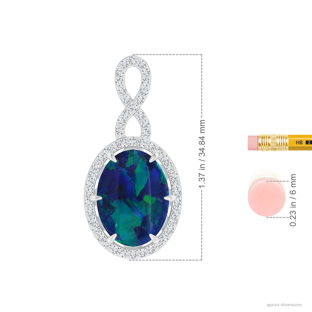 17.18x11.50x5.22mm AAA GIA Certified Oval Black Opal Halo Pendant with Infinity Bale in White Gold ruler