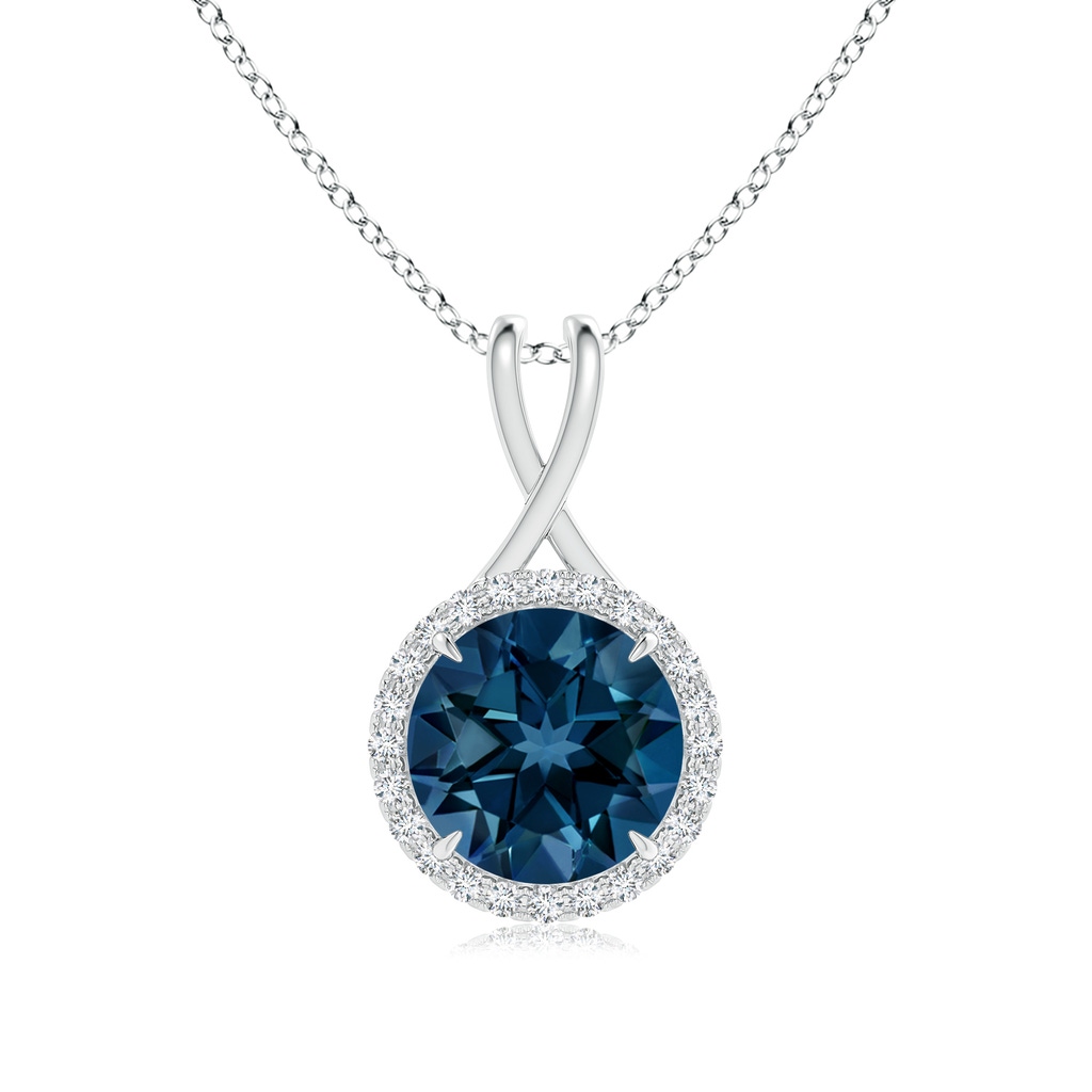 12mm AAAA London Blue Topaz and Diamond Halo Pendant with Twisted Bale in White Gold