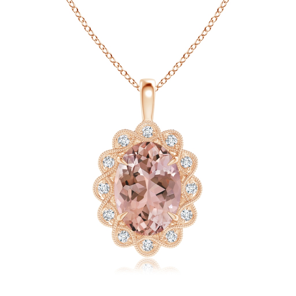 14x10mm AAAA Oval Morganite and Diamond Twisted Rope Halo Pendant in Rose Gold
