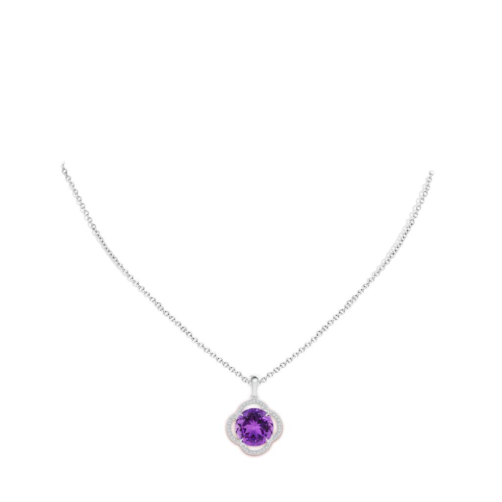 12mm AAA Round Amethyst Clover Halo Pendant in White Gold Body-Neck