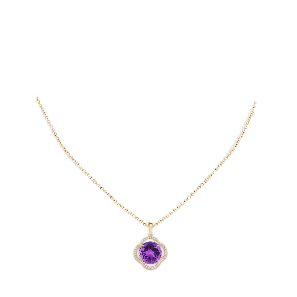 12mm AAA Round Amethyst Clover Halo Pendant in Yellow Gold Body-Neck
