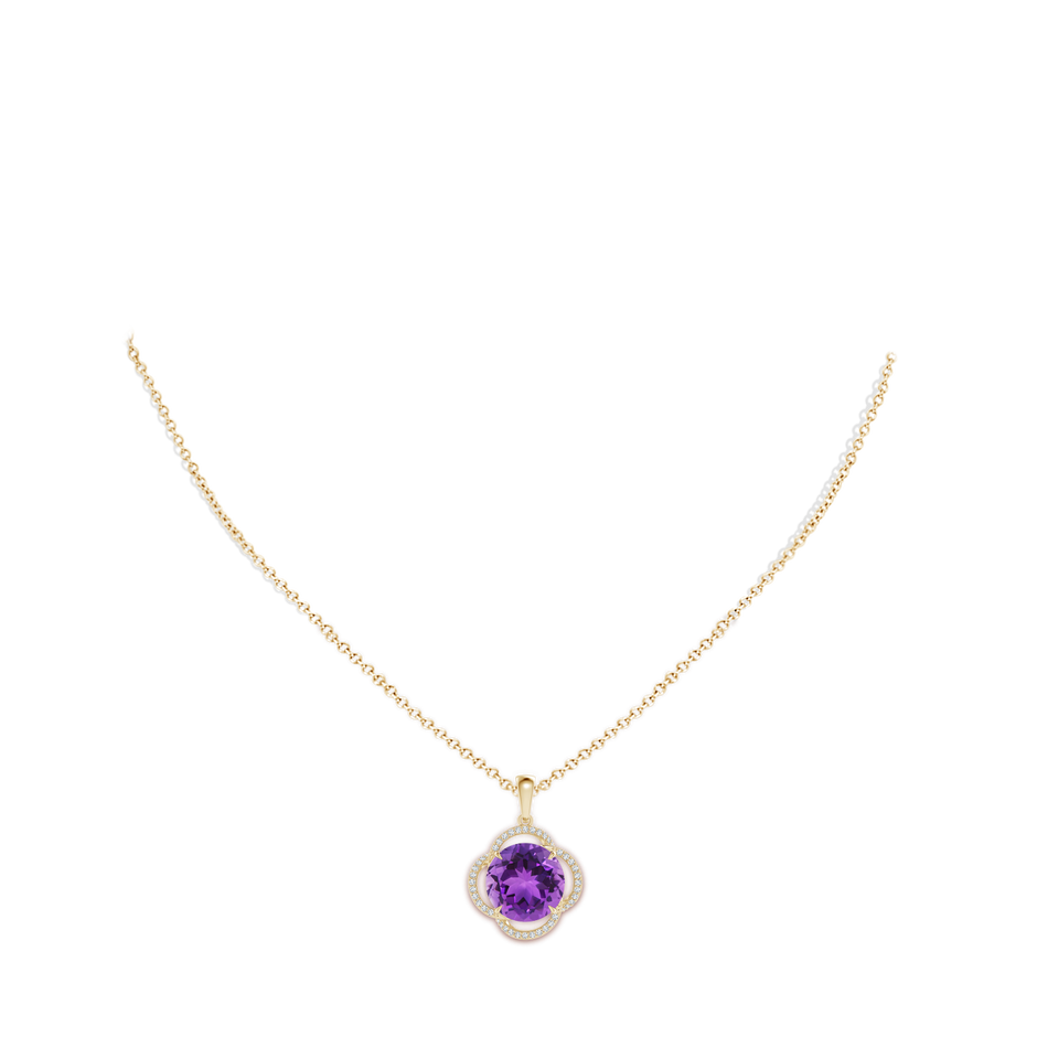 12mm AAA Round Amethyst Clover Halo Pendant in Yellow Gold body-neck