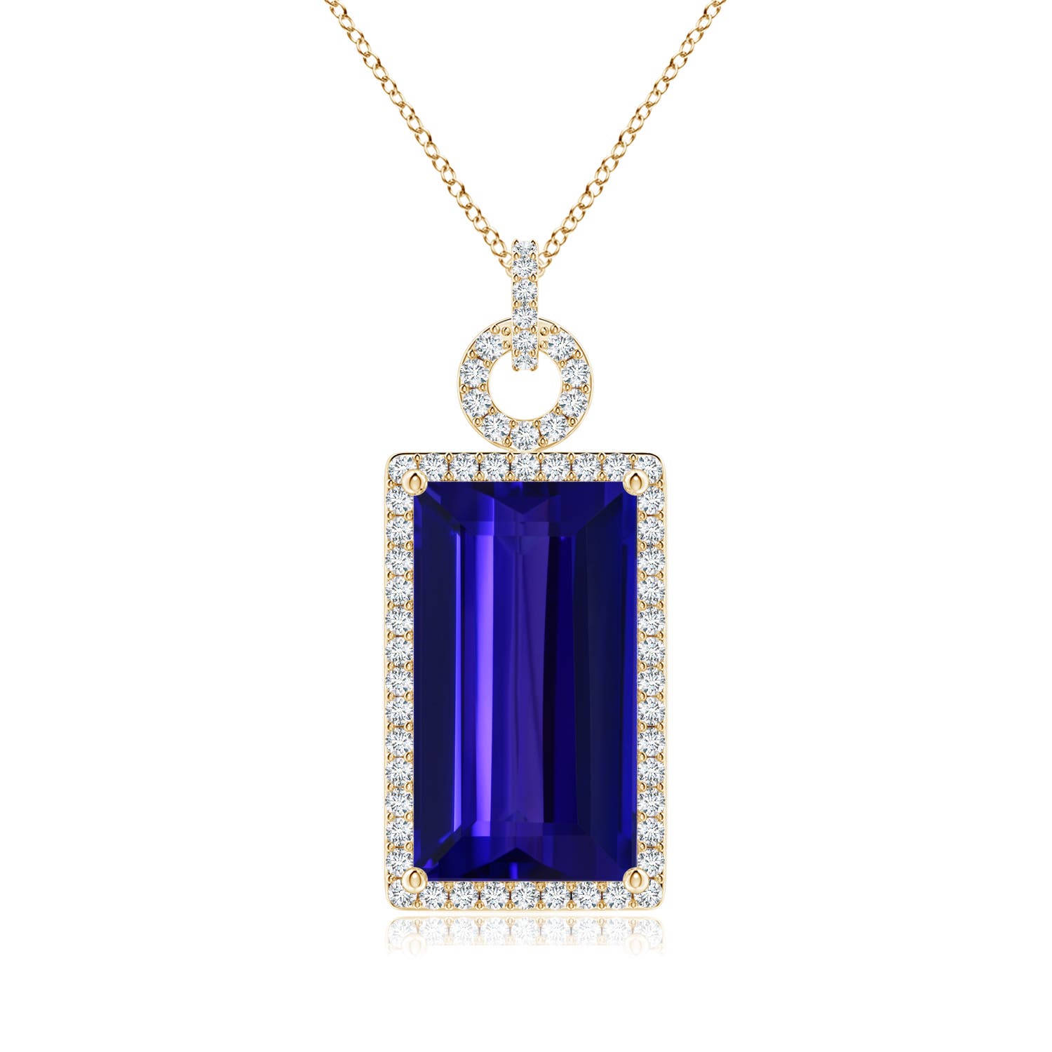 21.98x12.28x8.56mm AAAA Art Deco Style GIA Certified Tanzanite Halo Pendant in Yellow Gold