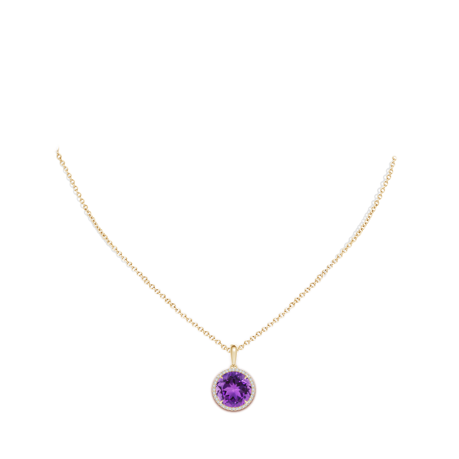 12mm AAA Round Amethyst Dangle Pendant with Diamonds in Yellow Gold body-neck