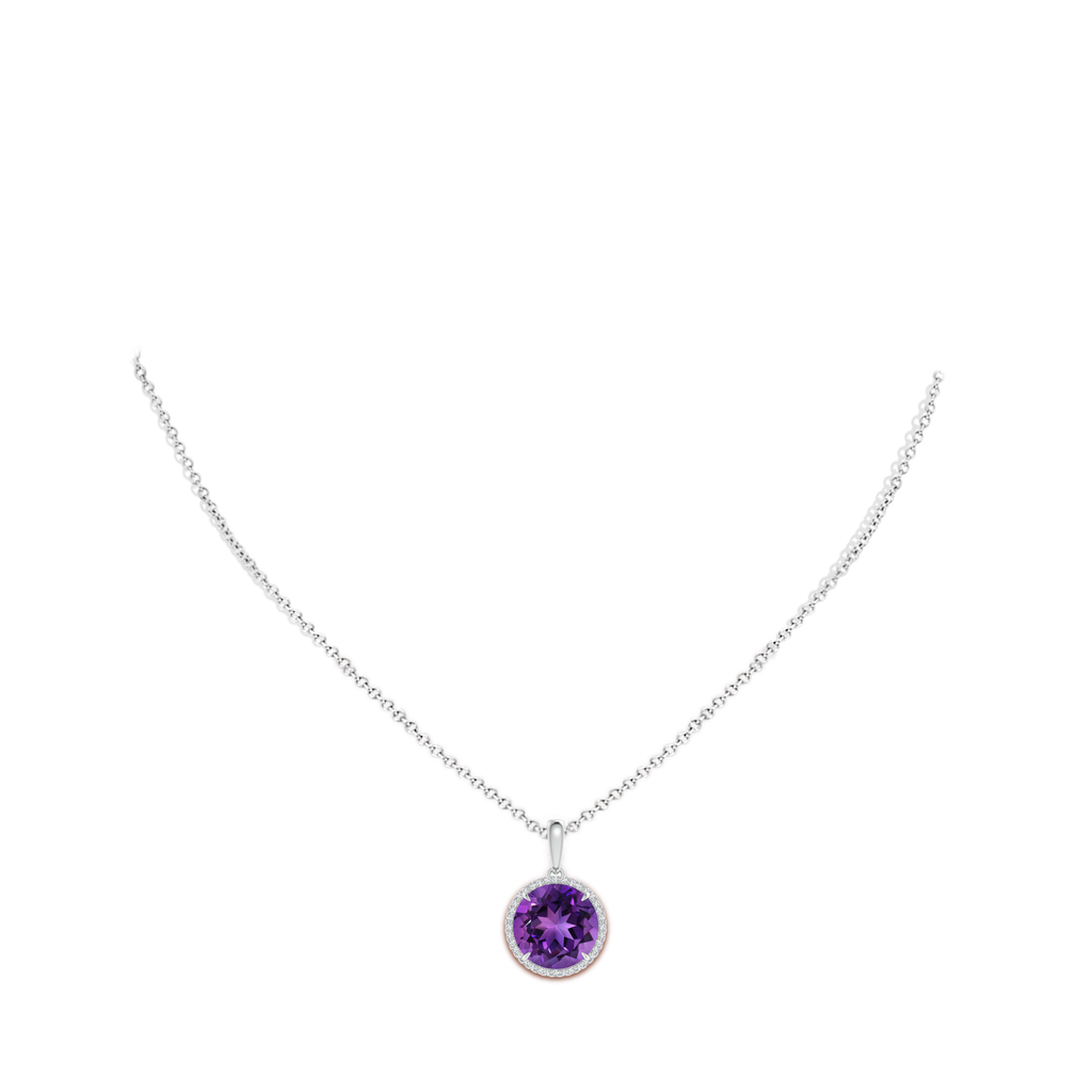 12mm AAAA Round Amethyst Dangle Pendant with Diamonds in White Gold Body-Neck