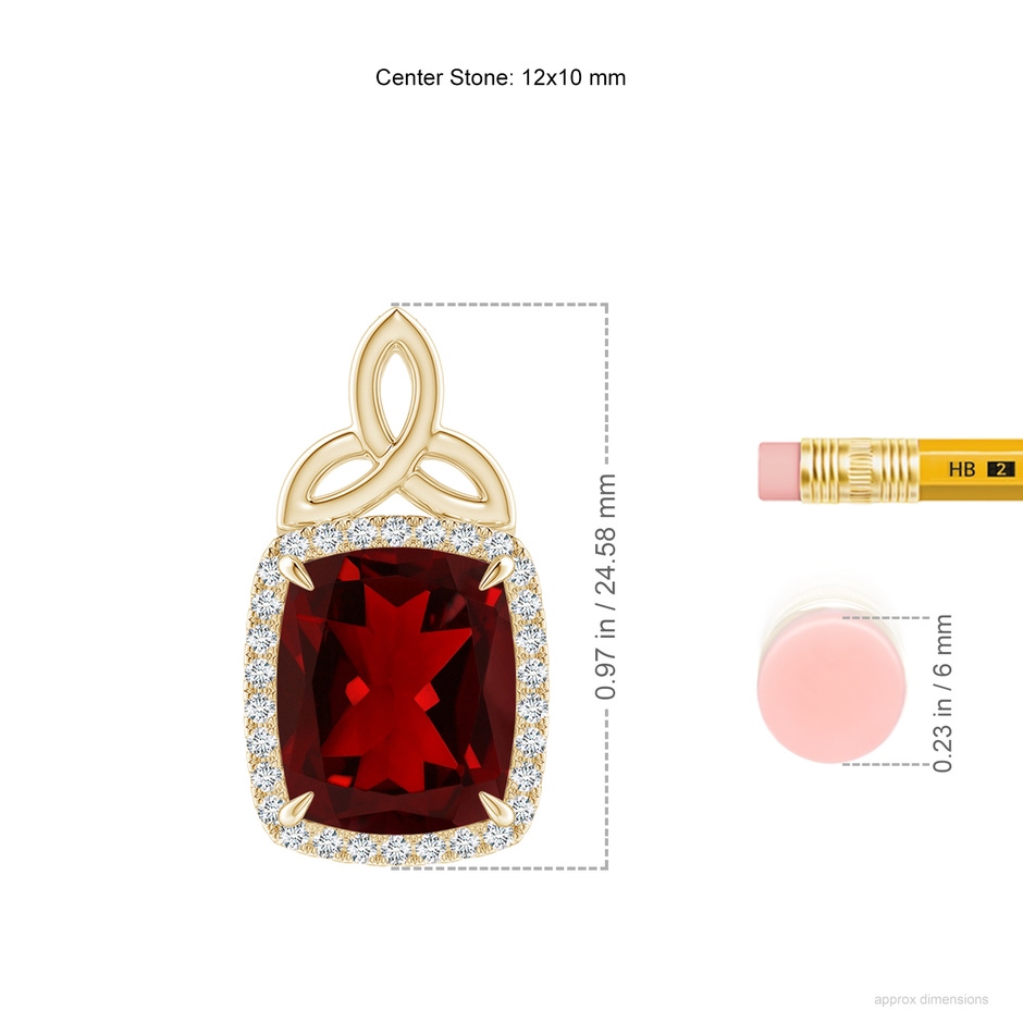 12x10mm AAAA Rectangular Cushion Garnet Pendant with Celtic Motif in Yellow Gold ruler