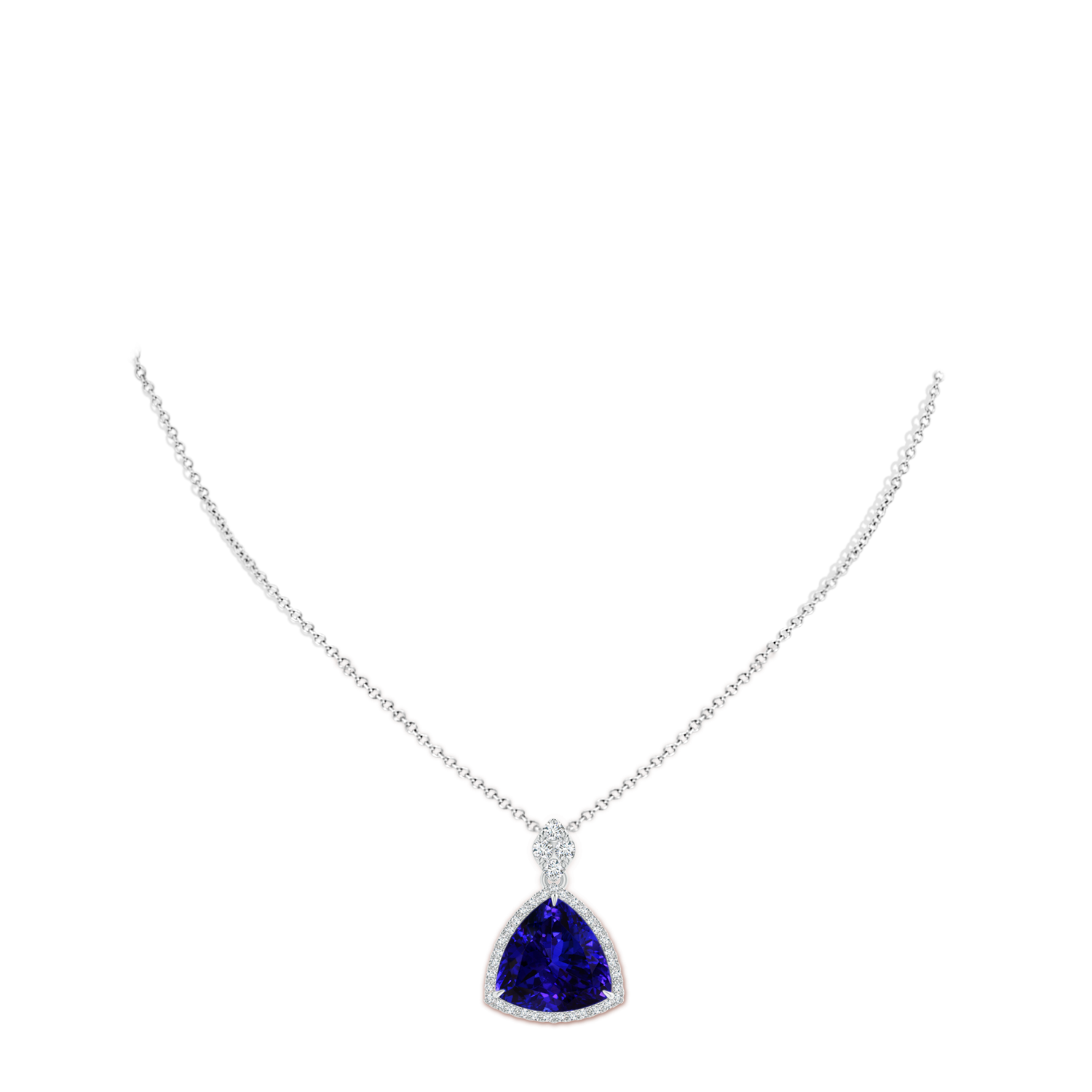14.56x14.91x9.33mm AAAA GIA Certified Trillion Tanzanite Halo Pendant with Diamonds in 18K White Gold - body_neck