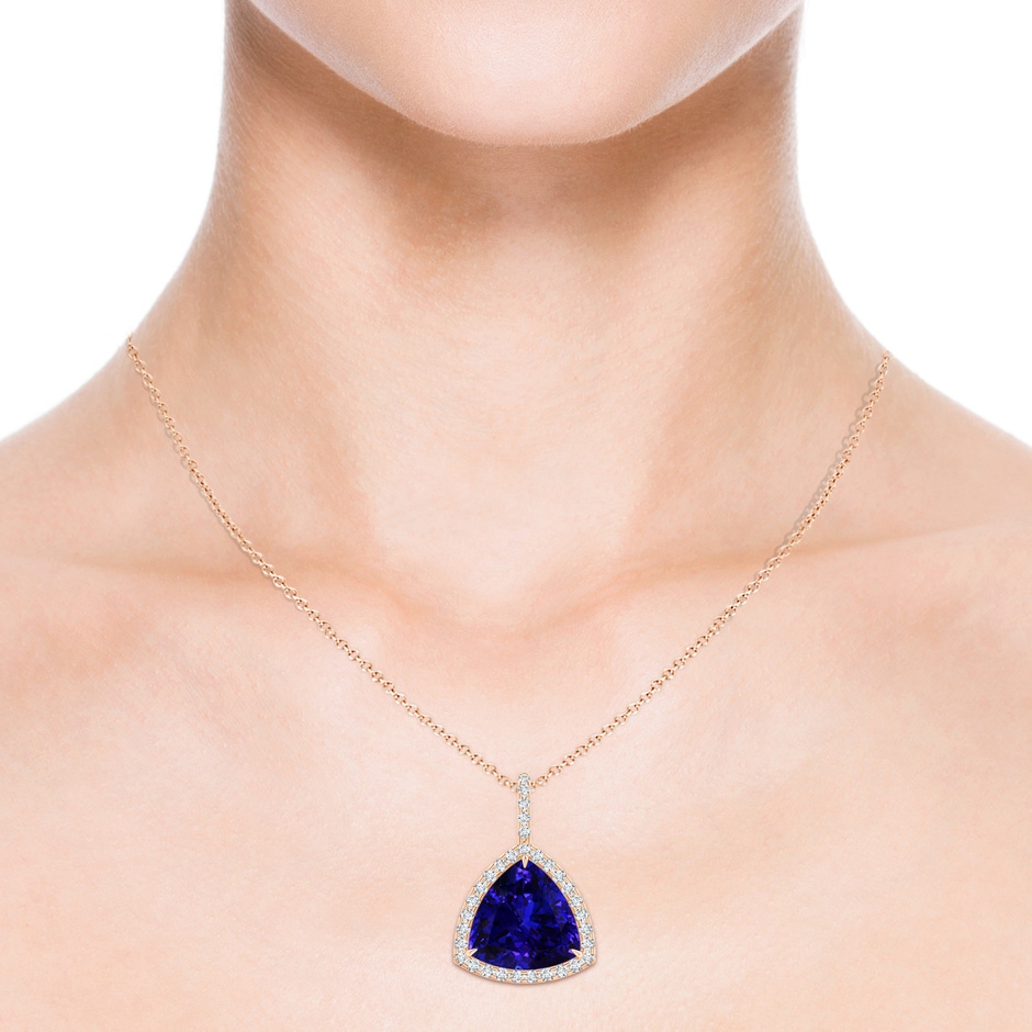 14.56x14.91x9.33mm AAAA GIA Certified Trillion Tanzanite Halo Dangle Pendant in Rose Gold ruler