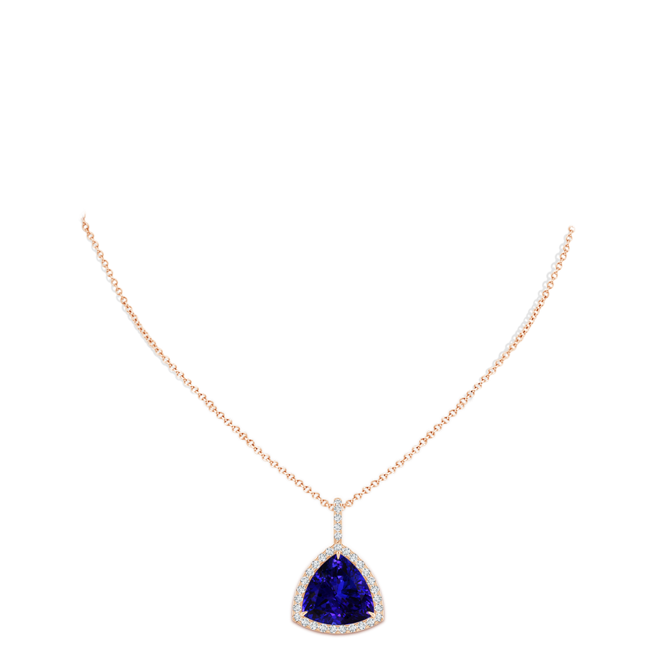 14.56x14.91x9.33mm AAAA GIA Certified Trillion Tanzanite Halo Dangle Pendant in Rose Gold body-neck