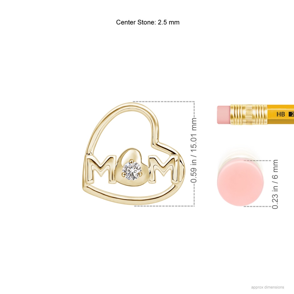 2.5mm IJI1I2 Tilted Heart 'MOM' Diamond Pendant in Yellow Gold ruler