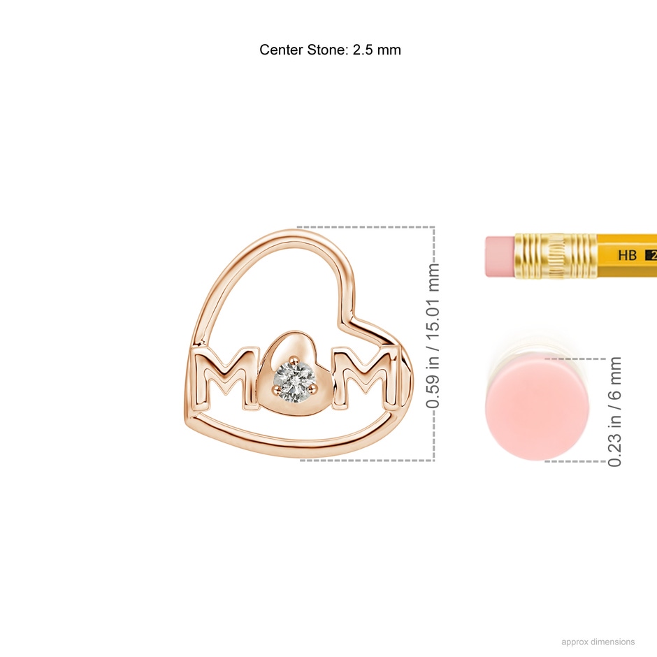 2.5mm KI3 Tilted Heart 'MOM' Diamond Pendant in Rose Gold ruler
