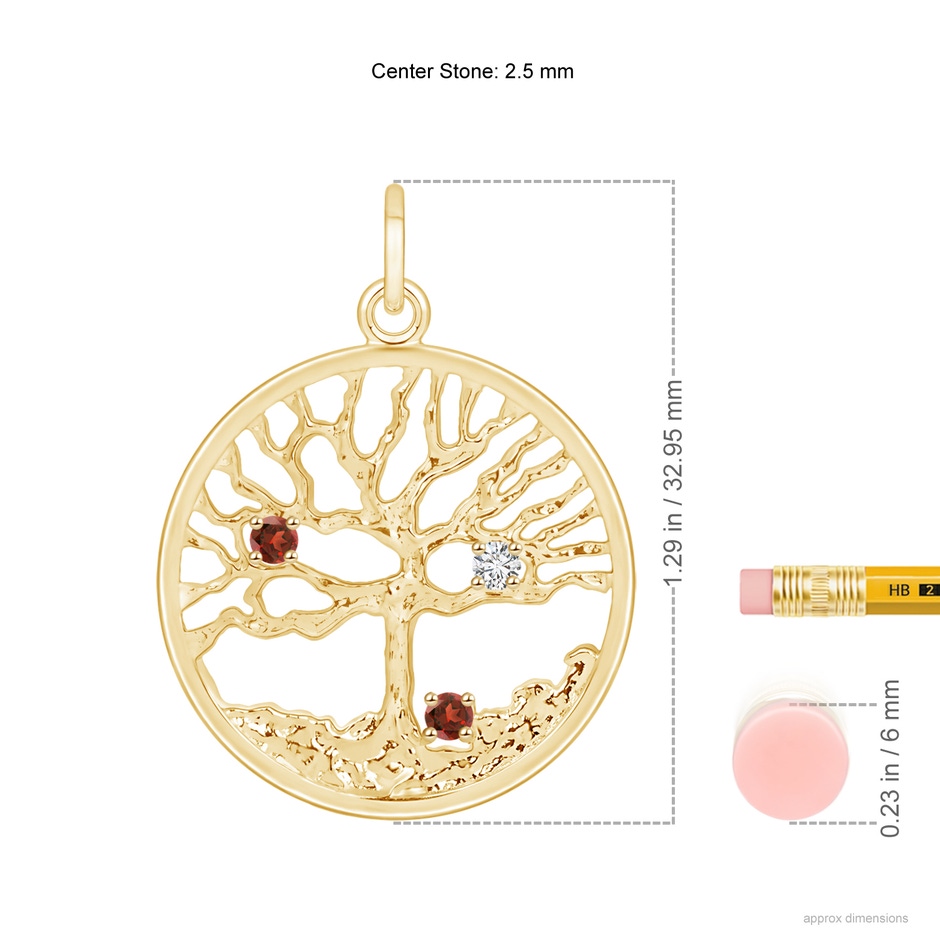 2.5mm AAA Bond of Love Garnet & Diamond Family Tree Pendant for Mom in Yellow Gold ruler