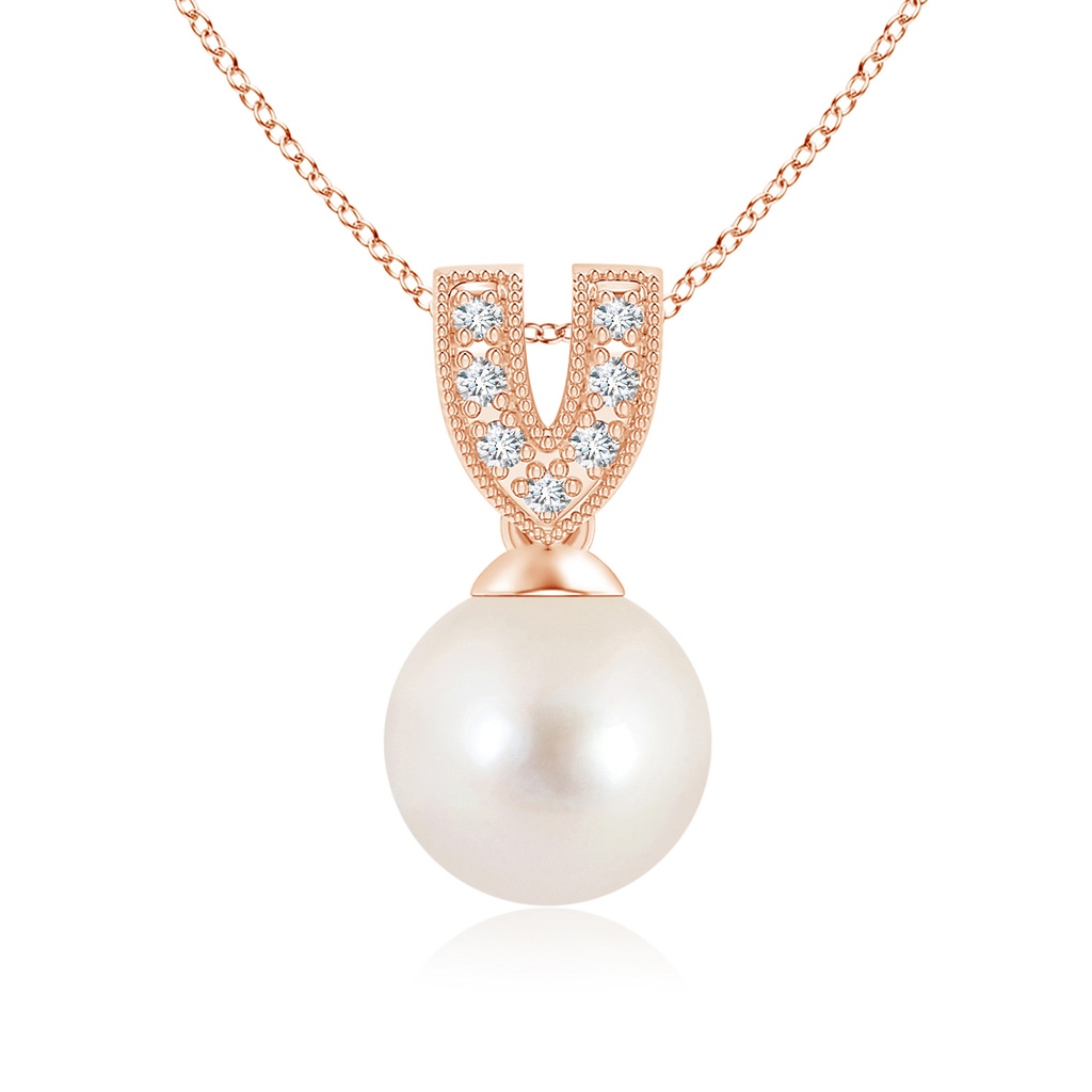 8mm AAAA Freshwater Cultured Pearl Pendant with Diamond V-Bale in Rose Gold