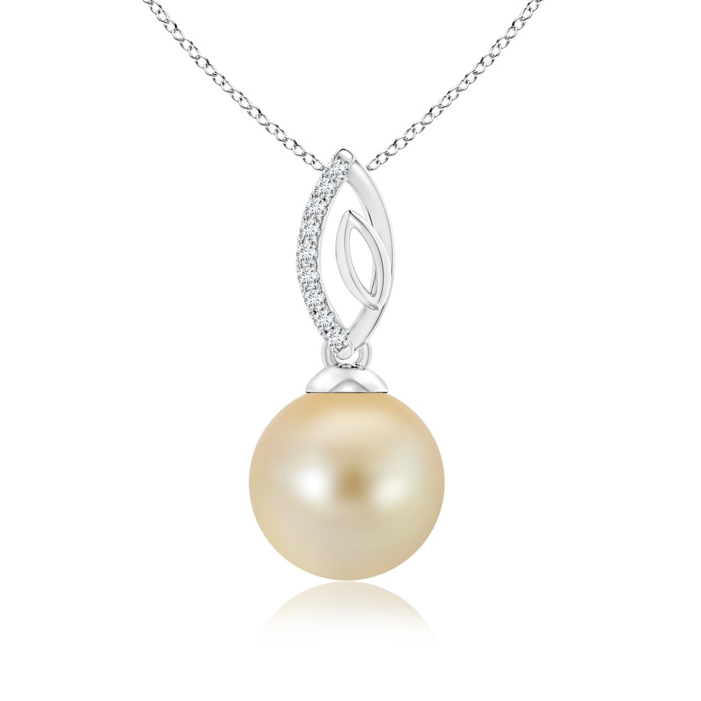 9mm AAA Golden South Sea Cultured Pearl & Diamond Leaf Bale Pendant in White Gold 