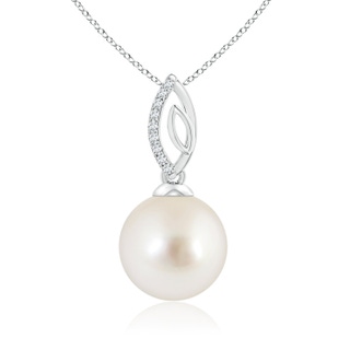 10mm AAAA South Sea Cultured Pearl & Diamond Leaf Bale Pendant in White Gold