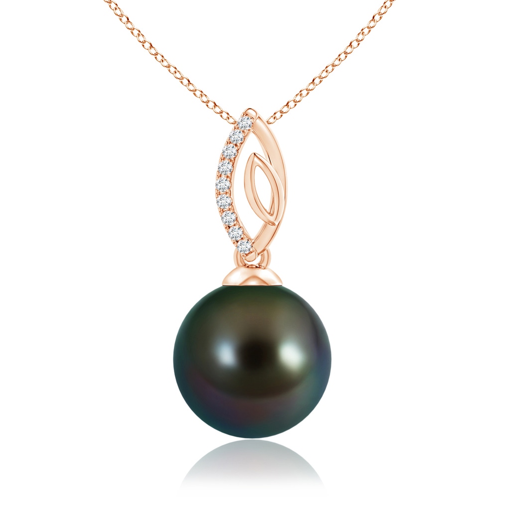 10mm AAAA Tahitian Cultured Pearl & Diamond Leaf Bale Pendant in Rose Gold