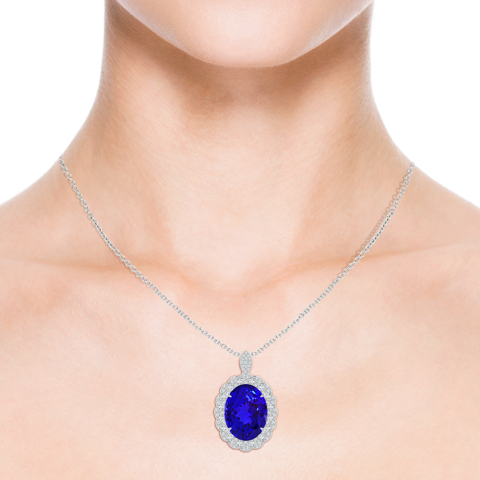 19.20x14.58x9.29mm AAAA Vintage Inspired GIA Certified Oval Tanzanite Halo Pendant in White Gold Body-Neck