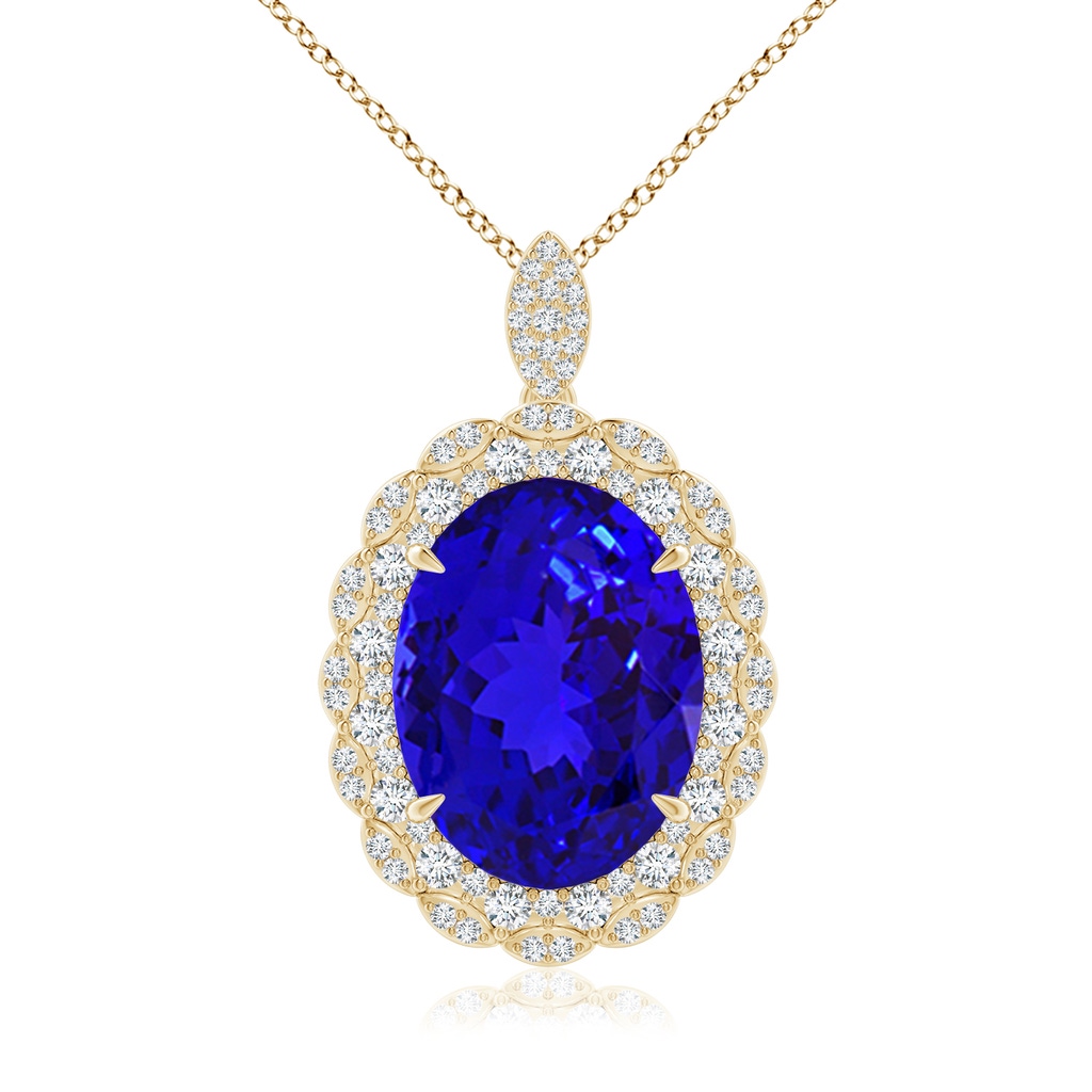 19.20x14.58x9.29mm AAAA Vintage Inspired GIA Certified Oval Tanzanite Halo Pendant in Yellow Gold