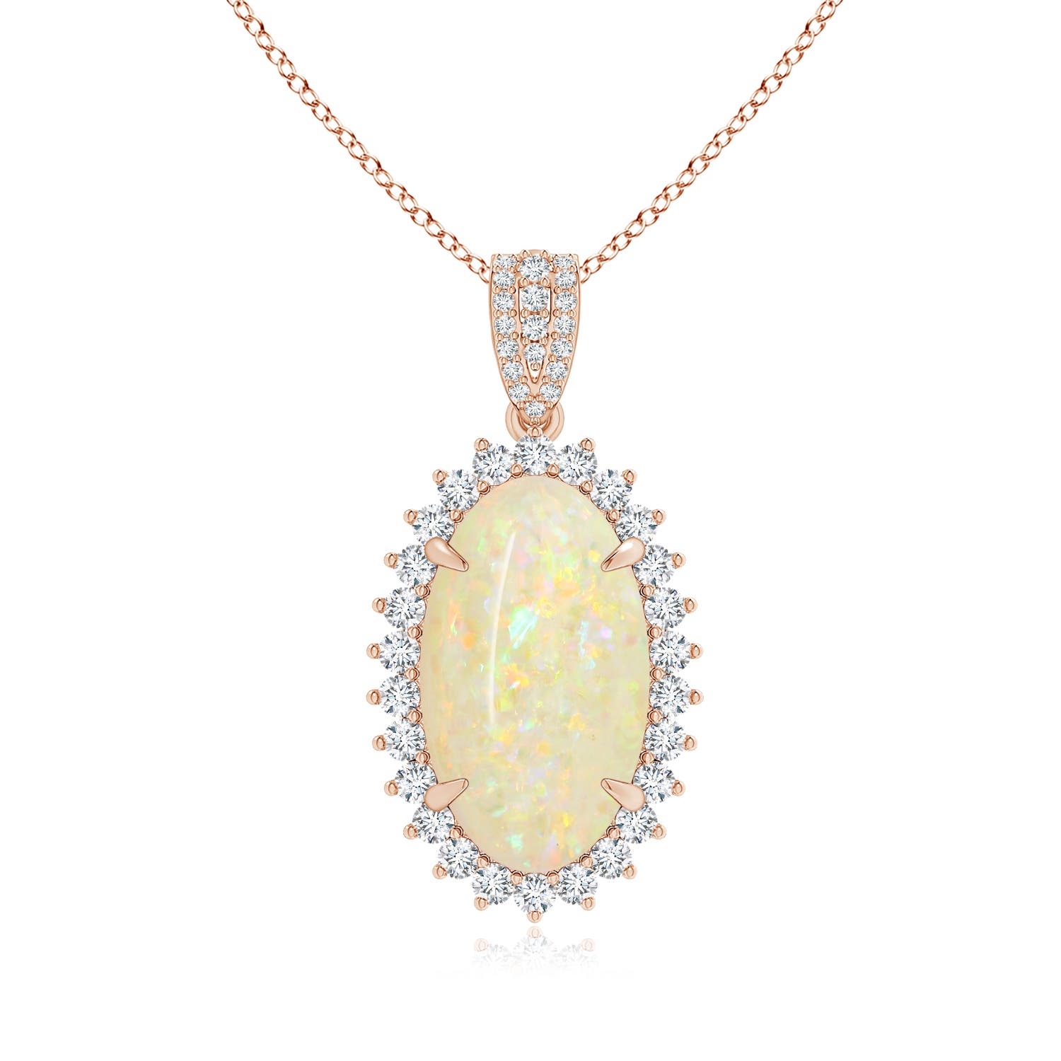 18.19x11.95x5mm AAAA GIA Certified Oval Opal Pendant with Diamond Floral Halo in Rose Gold