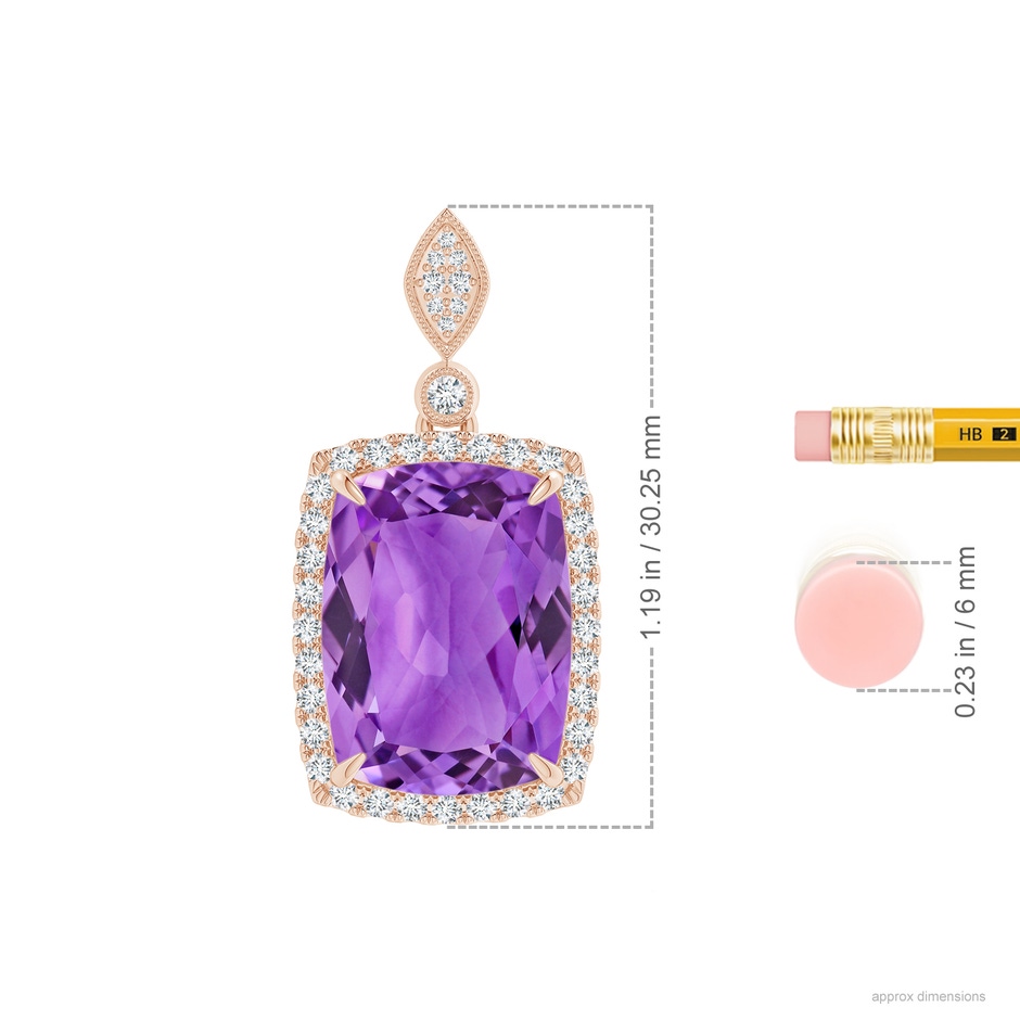 16.03x12.09x7.19mm A GIA Certified Rectangular Cushion Amethyst Pendant with Halo. in Rose Gold ruler