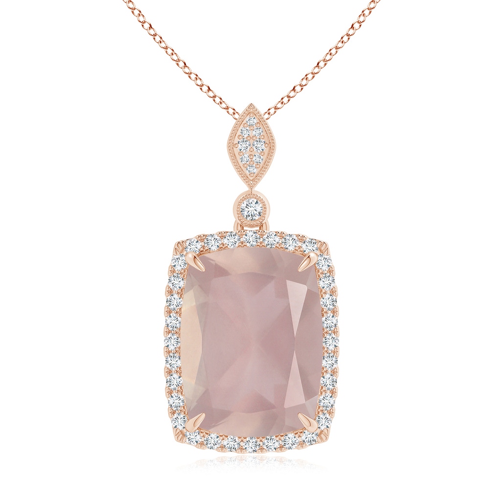 15.92x12.05x7.87mm AAAA GIA Certified Cushion Rectangular Rose Quartz Pendant with Halo in 10K Rose Gold