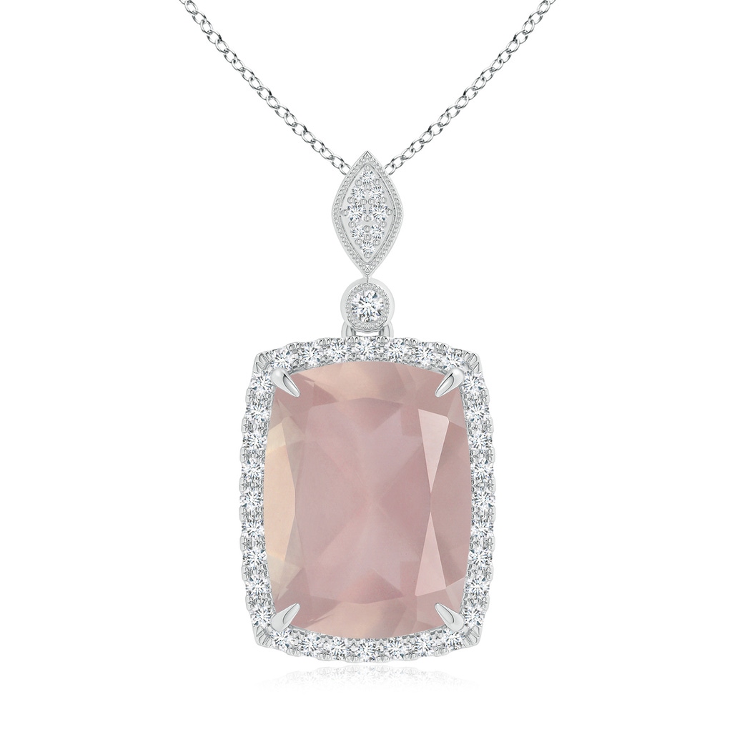 15.92x12.05x7.87mm AAAA GIA Certified Cushion Rectangular Rose Quartz Pendant with Halo in 18K White Gold