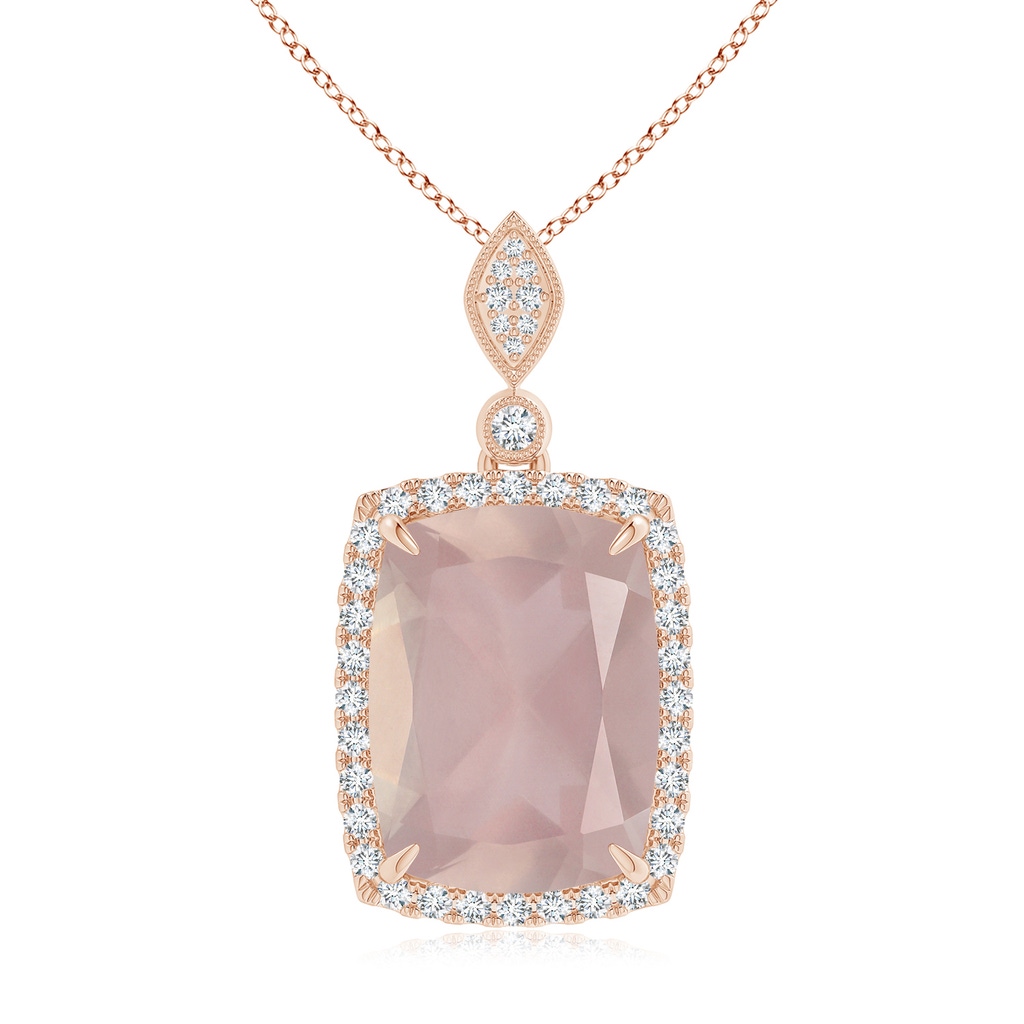 15.92x12.05x7.87mm AAAA GIA Certified Cushion Rectangular Rose Quartz Pendant with Halo in Rose Gold