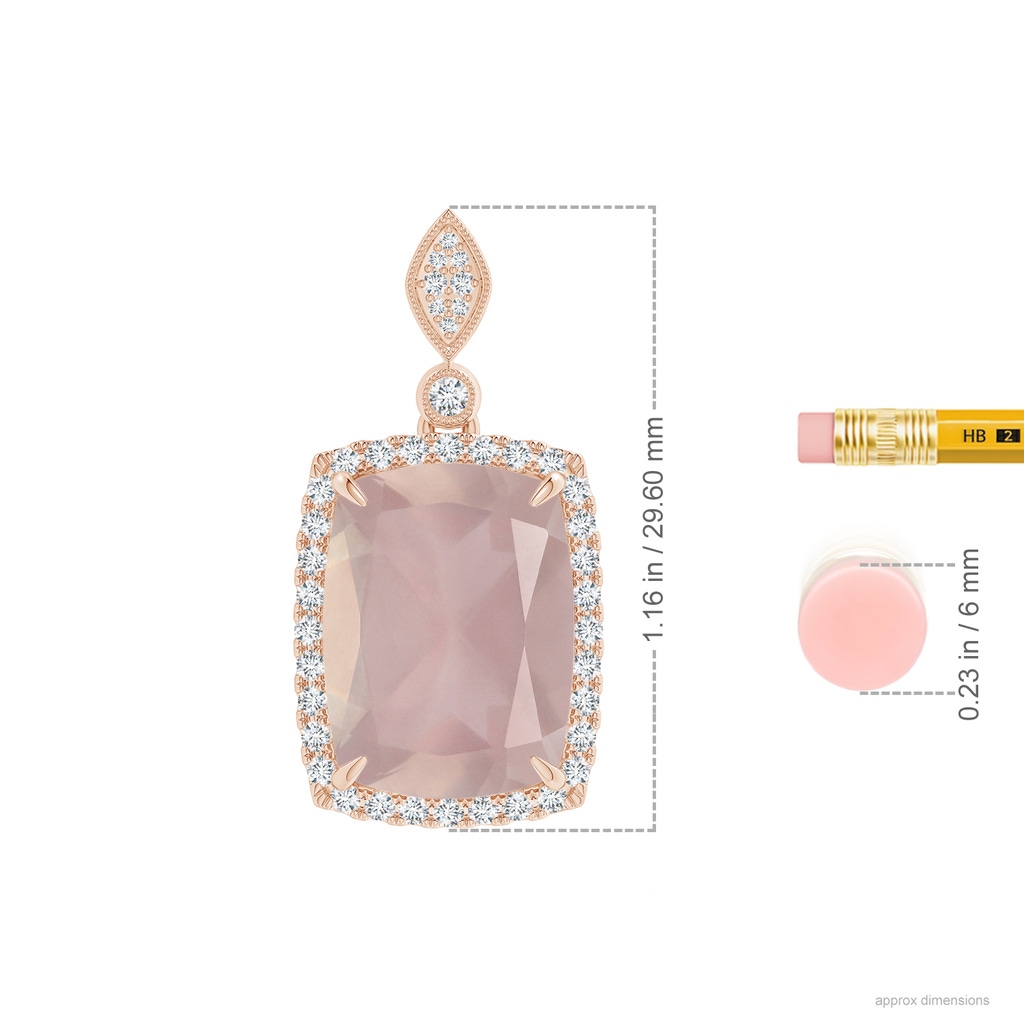 15.92x12.05x7.87mm AAAA GIA Certified Cushion Rectangular Rose Quartz Pendant with Halo in Rose Gold ruler