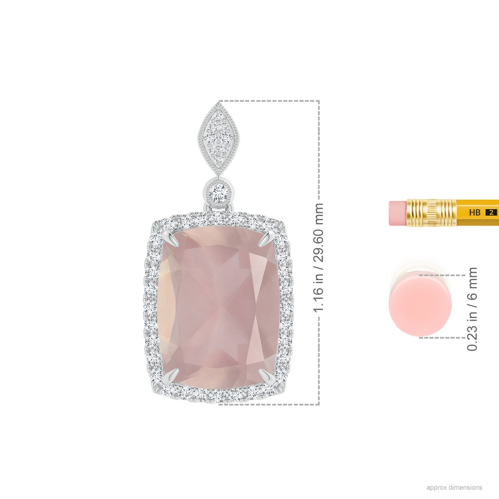 15.92x12.05x7.87mm AAAA GIA Certified Cushion Rectangular Rose Quartz Pendant with Halo in White Gold ruler