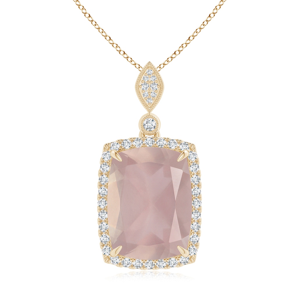 15.92x12.05x7.87mm AAAA GIA Certified Cushion Rectangular Rose Quartz Pendant with Halo in Yellow Gold
