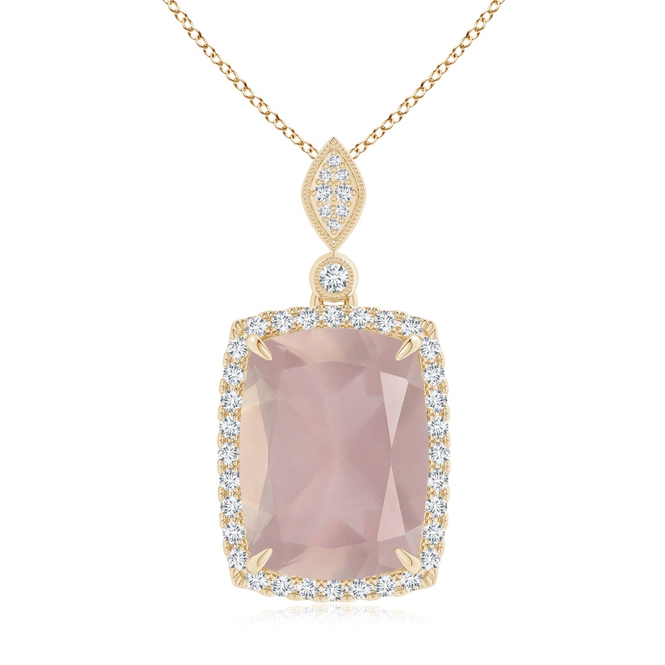 15.92x12.05x7.87mm AAAA GIA Certified Cushion Rectangular Rose Quartz Pendant with Halo in Yellow Gold 