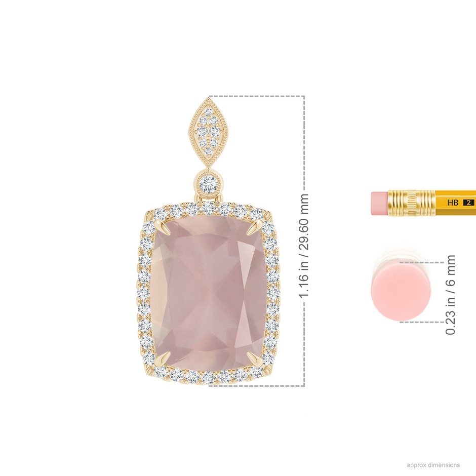 15.92x12.05x7.87mm AAAA GIA Certified Cushion Rectangular Rose Quartz Pendant with Halo in Yellow Gold ruler