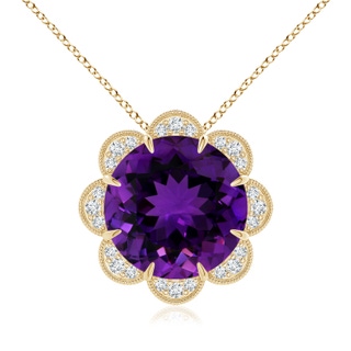 14.13x14.09x9.33mm AAAA GIA Certified Round Amethyst Floral Pendant with Milgrain in 18K Yellow Gold