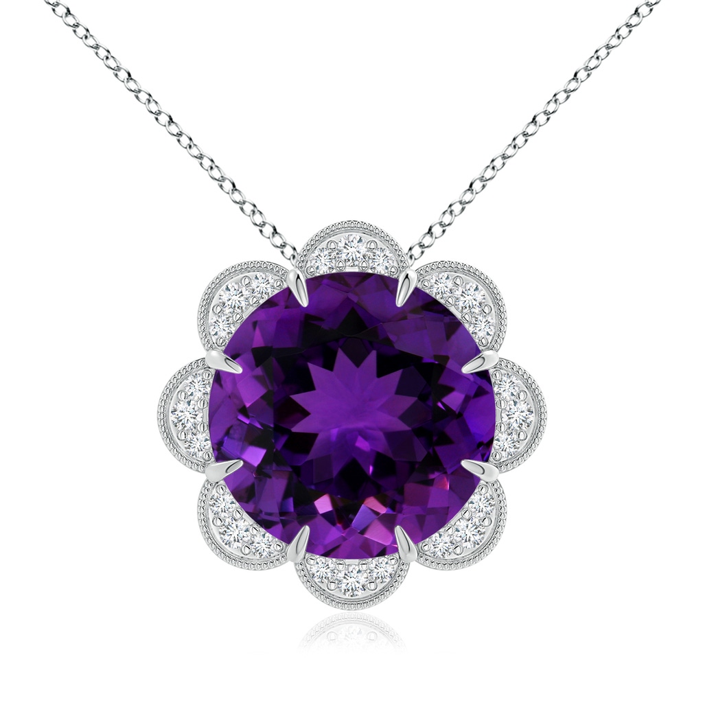14.13x14.09x9.33mm AAAA GIA Certified Round Amethyst Floral Pendant with Milgrain in White Gold