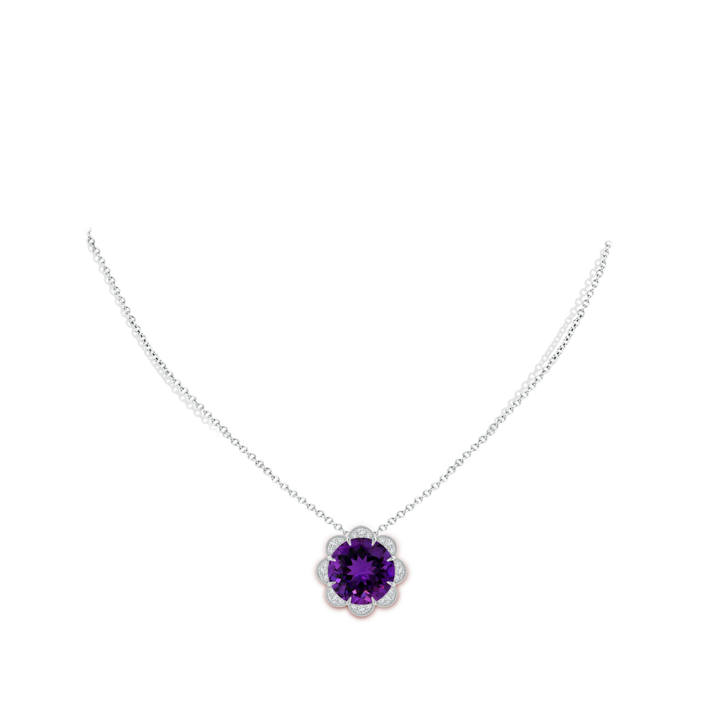 14.13x14.09x9.33mm AAAA GIA Certified Round Amethyst Floral Pendant with Milgrain in White Gold pen