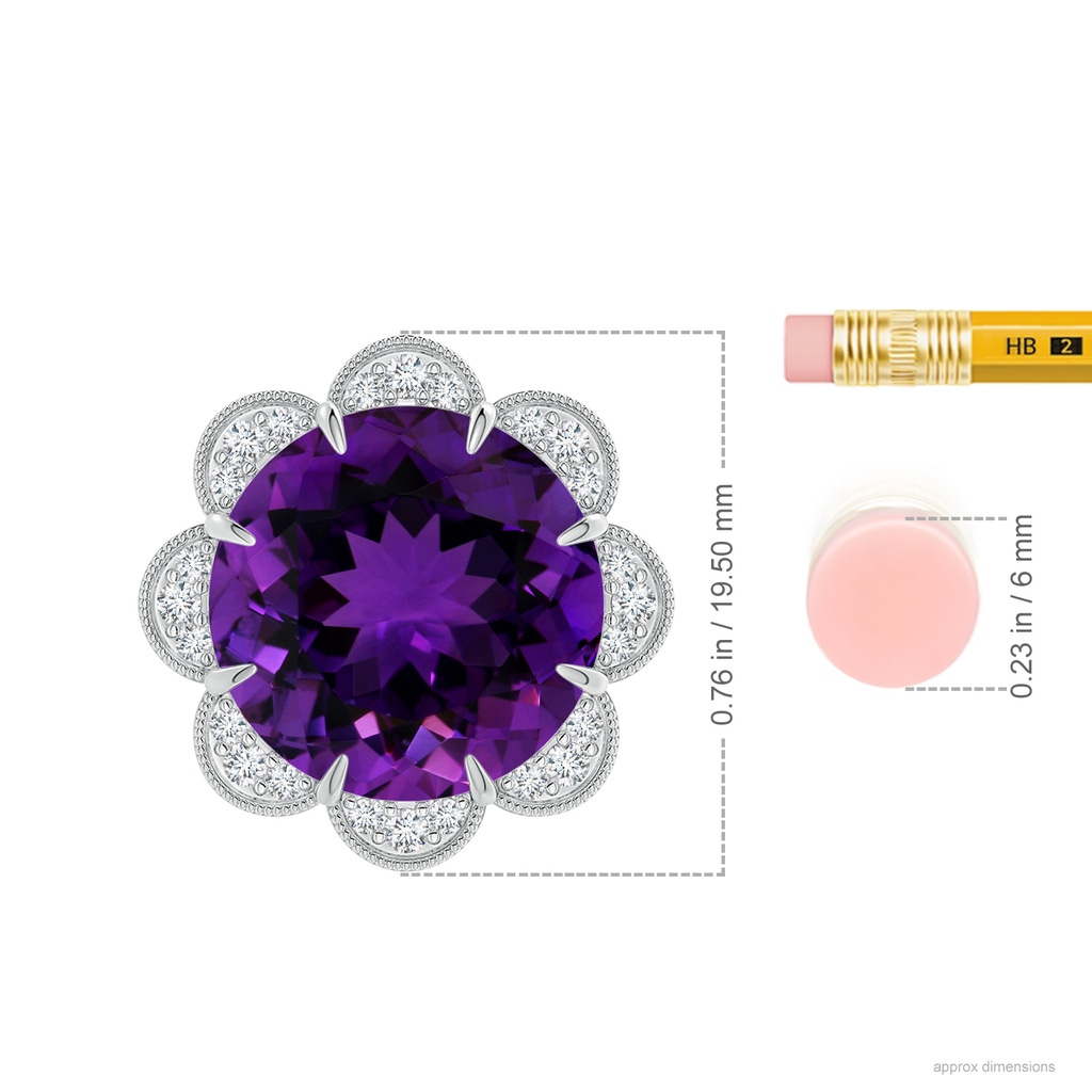 14.13x14.09x9.33mm AAAA GIA Certified Round Amethyst Floral Pendant with Milgrain in White Gold ruler