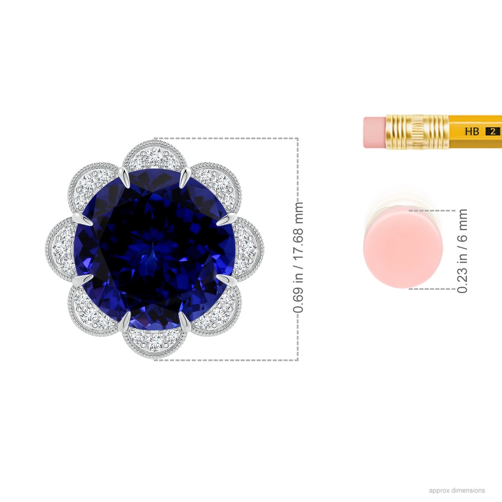 13.10x12.92x9.73mm AAAA GIA Certified Round Tanzanite Floral Pendant with Milgrain in White Gold ruler
