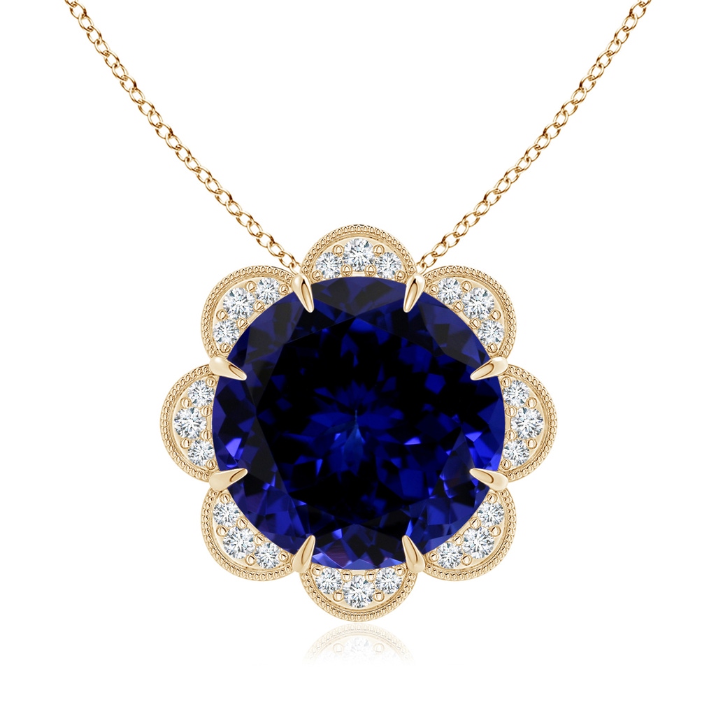 13.10x12.92x9.73mm AAAA GIA Certified Round Tanzanite Floral Pendant with Milgrain in Yellow Gold
