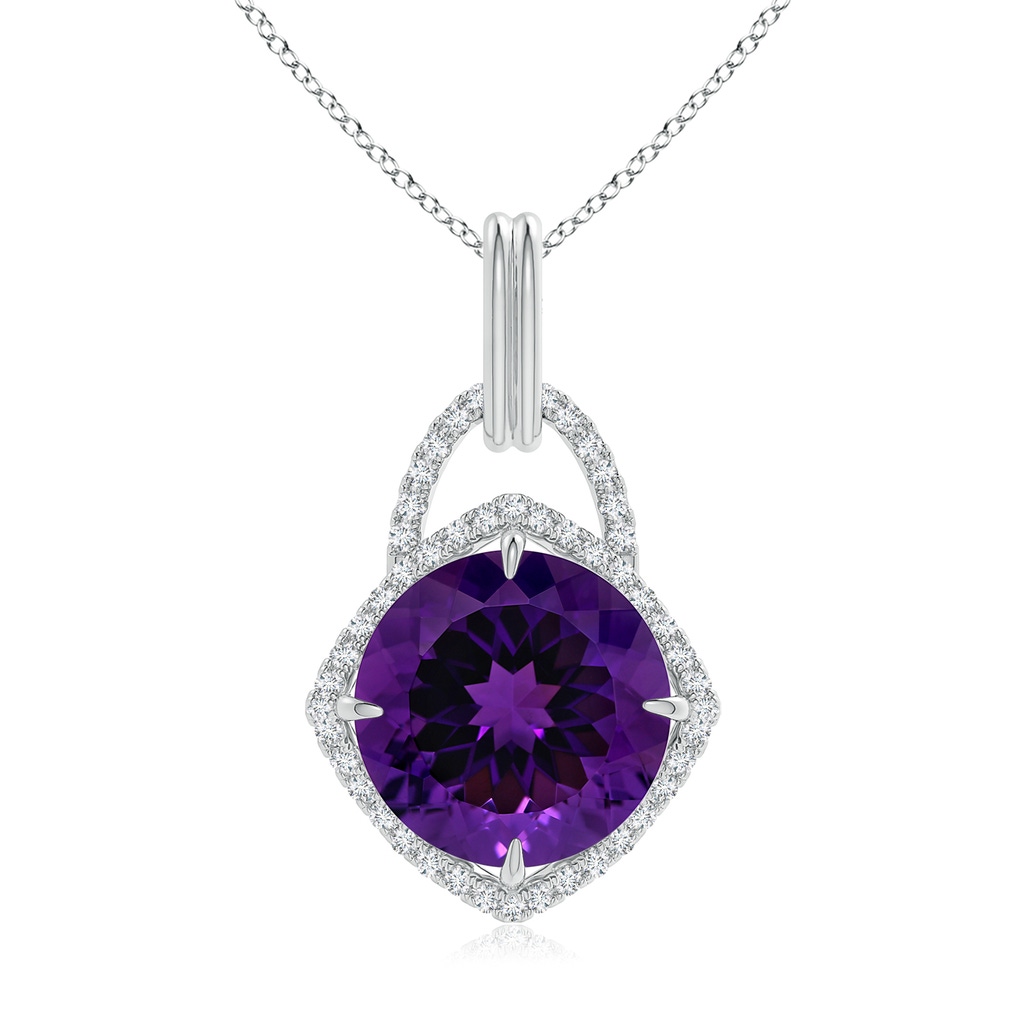 15.00x14.93x9.36mm AAAA GIA Certified Round Amethyst Pendant with Cushion Halo in White Gold