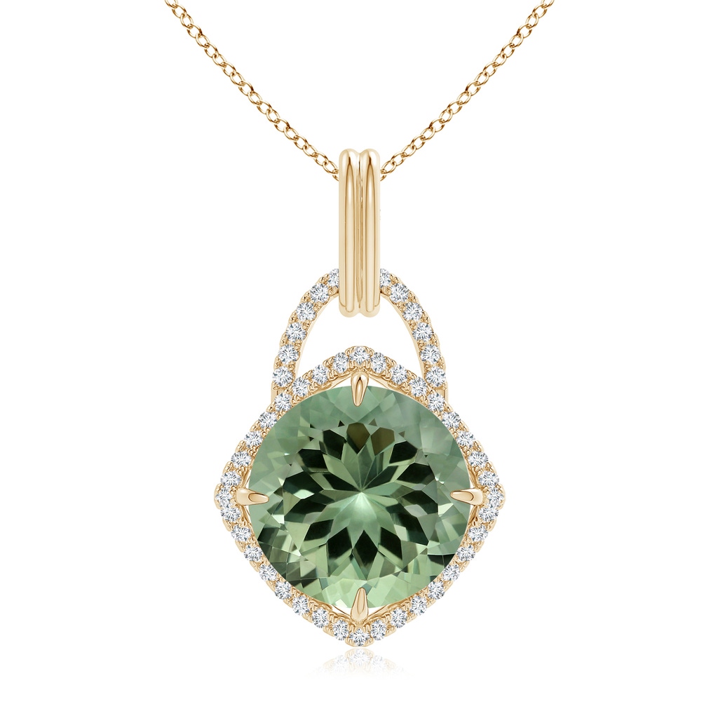 14.18x14.12x8.75mm AAA GIA Certified Round Green Amethyst Pendant with Cushion Halo in 10K Yellow Gold