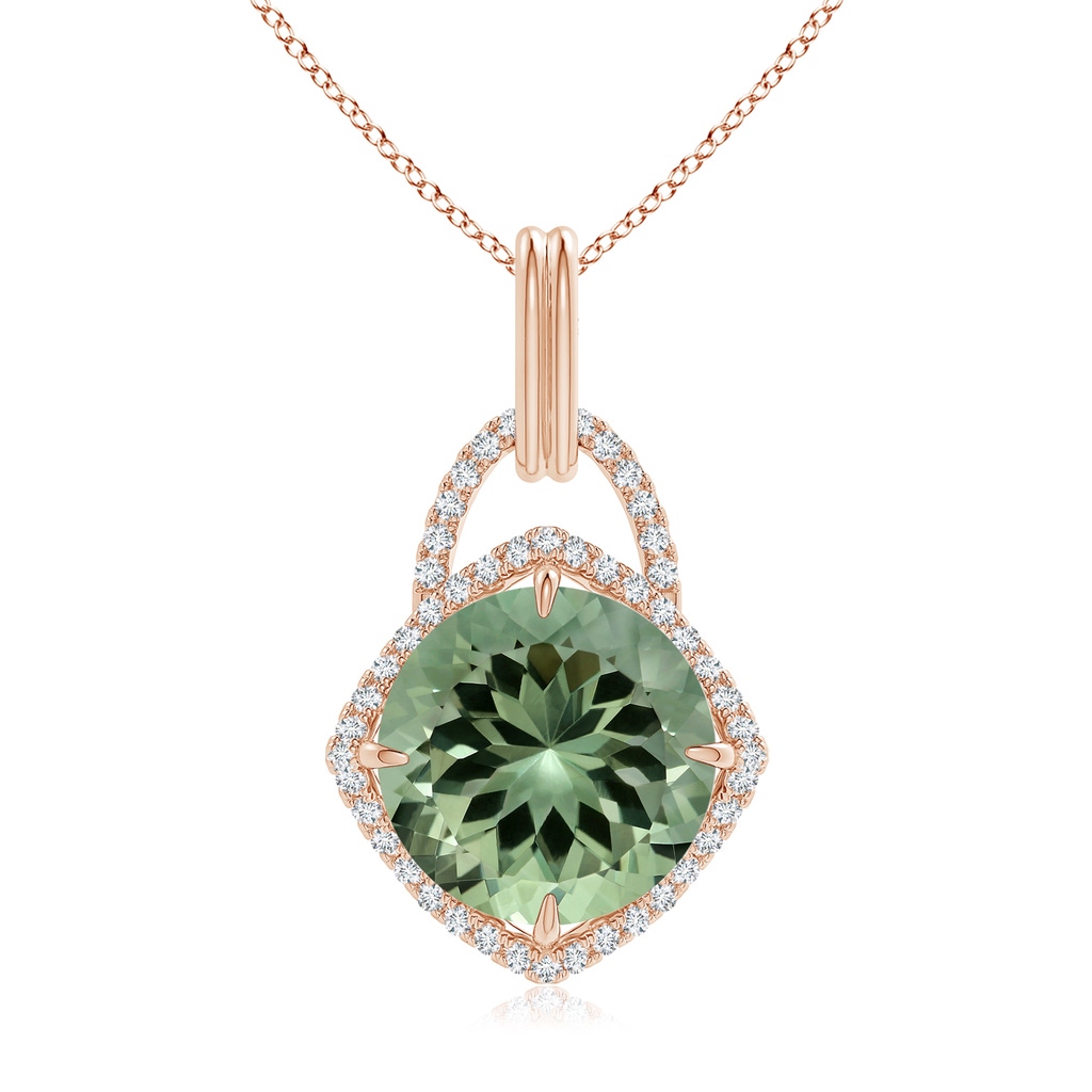 14.18x14.12x8.75mm AAA GIA Certified Round Green Amethyst Pendant with Cushion Halo in Rose Gold 