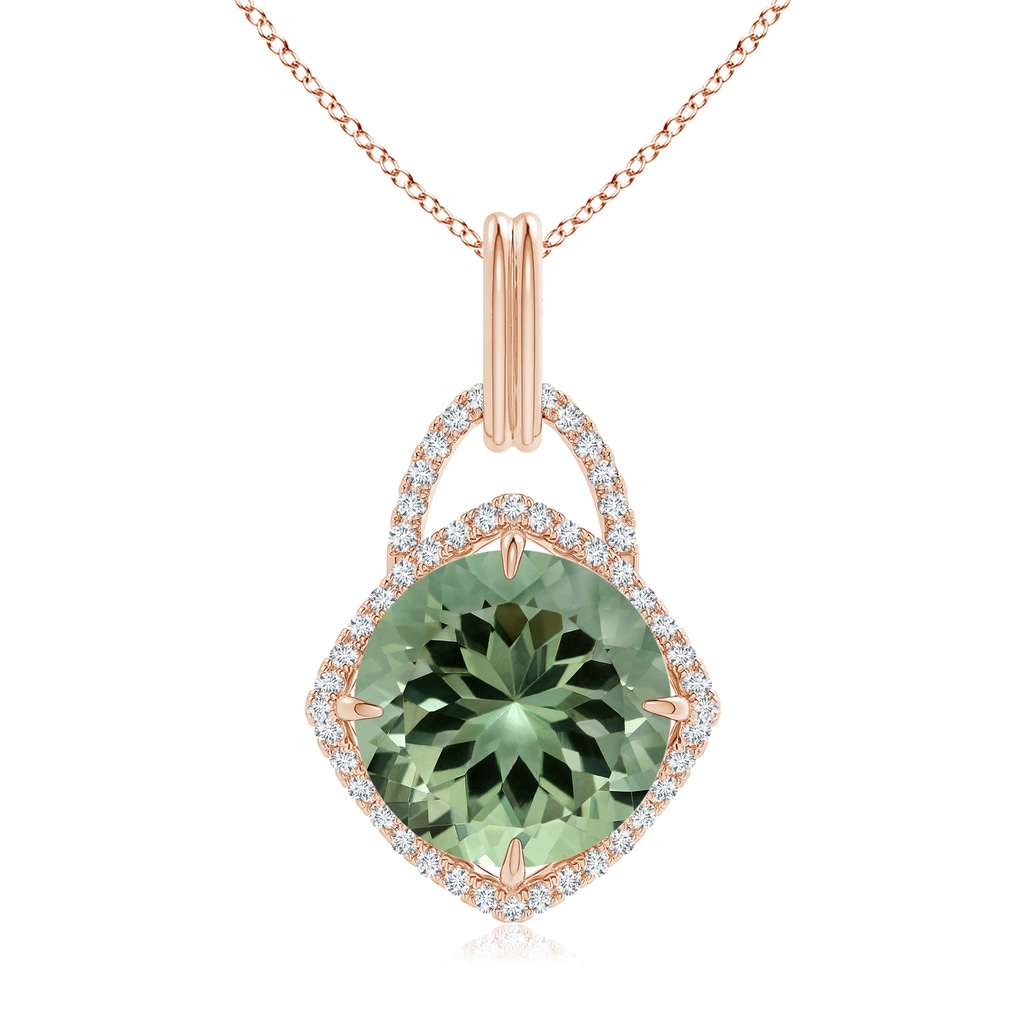 14.18x14.12x8.75mm AAA GIA Certified Round Green Amethyst Pendant with Cushion Halo in Rose Gold